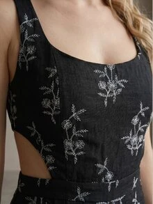 Rouah 女款全身花卉刺繡波希米亞風休閒時尚寬腿連身褲 - 夏季連身褲、印花連身褲、黑色印花連身褲、寬腿連身褲、波希米亞連身褲 - 黑色 - 查看 4