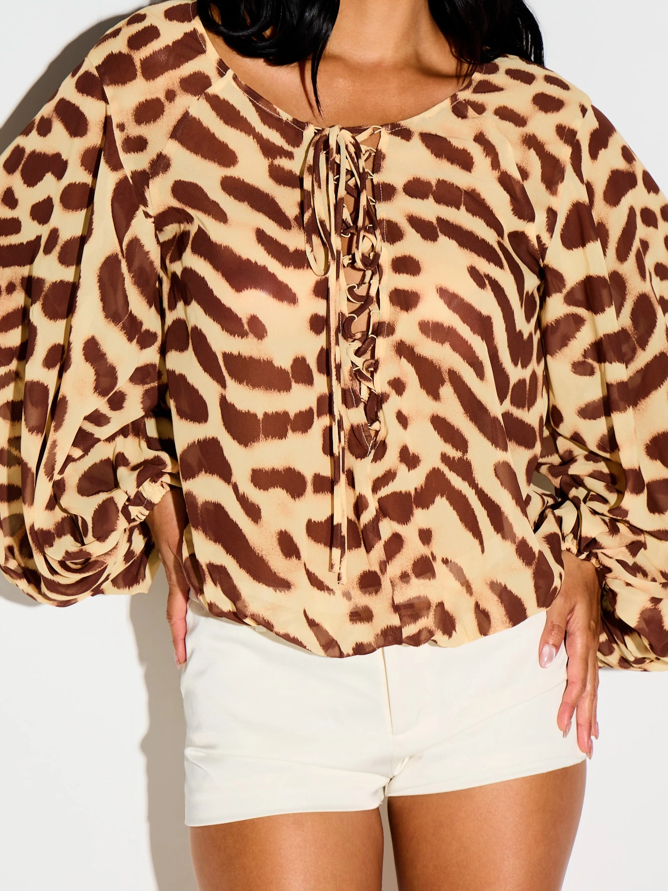 Animal Print Blouse With Lace-Up Neckline And Balloon Sleeves