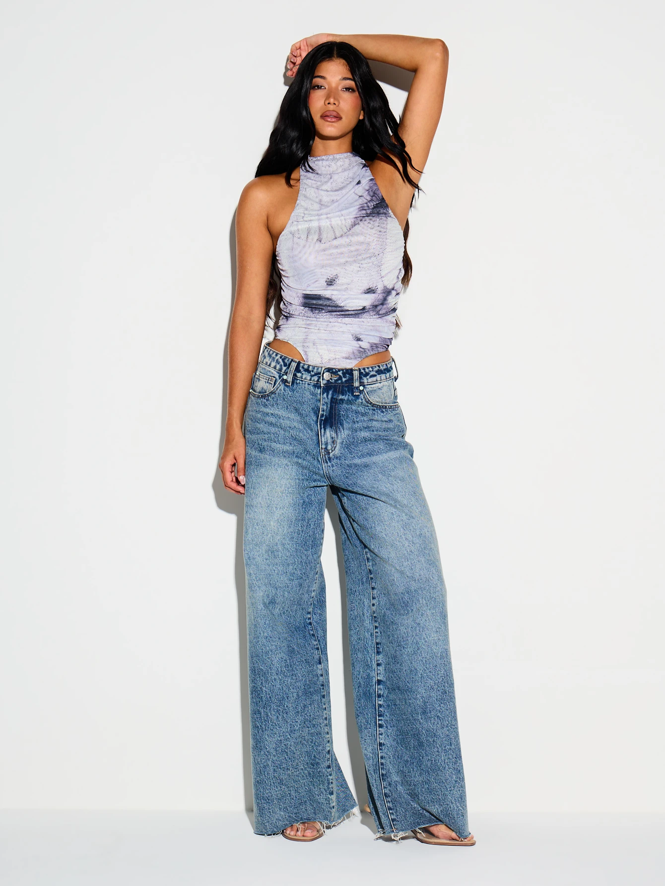 Tie Dye Mesh High Neck Ruched Bodysuit