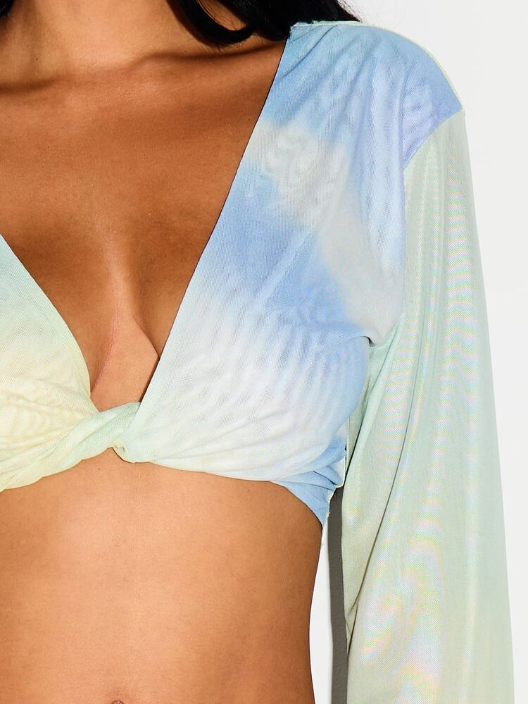 Mesh Watercolour Print Long Sleeve Twist Front Plunge Neck Cropped Cover Up Top