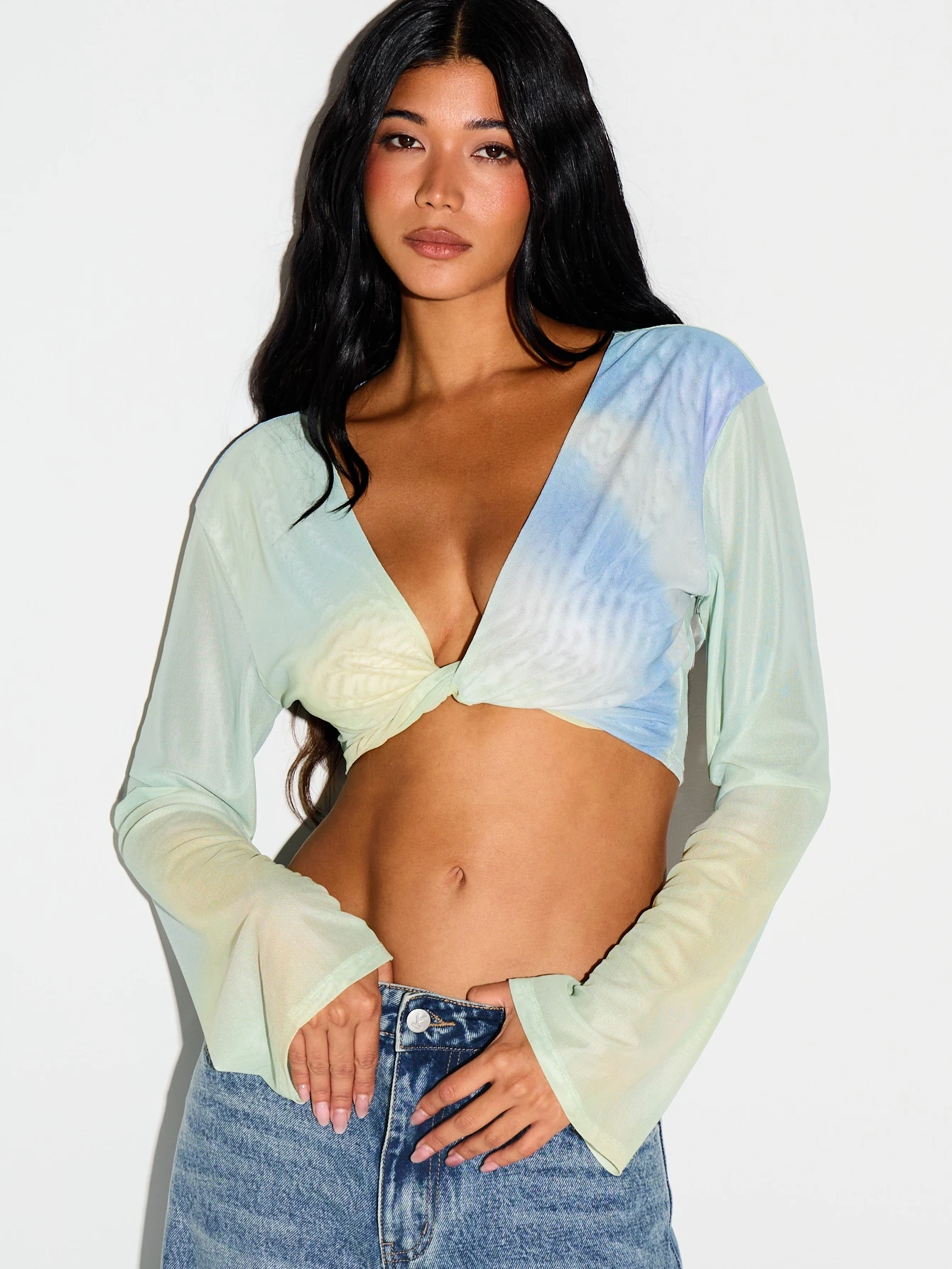 Mesh Watercolour Twist Front Crop Top
