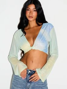 KIZN Mesh-Aquarell-Muster Langarm Twist-Front Tiefer Ausschnitt Crop-Top Cover-Up - Verschiedenfarbig - Übersicht 1