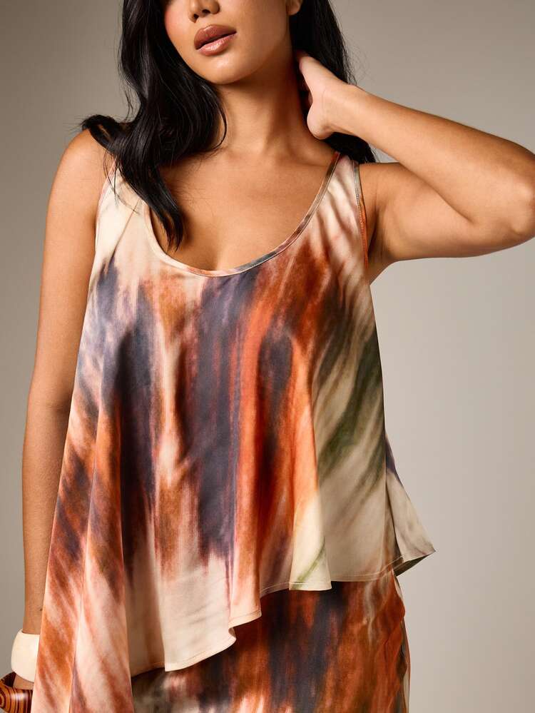 Abstract Print Tank Top With Waterfall Hem
