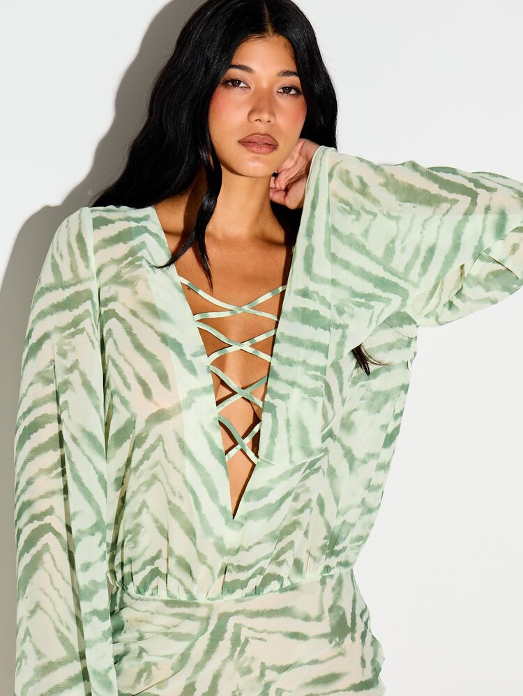 Animal Print Lace-Up Mini Dress With Cape Sleeves