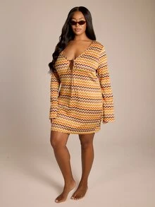 FASHION SZN Plus Size Women Crochet Fine Knit Tie Front Flare Sleeve Mini Cover Up Beachwear Swimwear Beach Club Party Plus Size Cover Up Elegant Travel Holiday Boho Ibiza Festival Outfit - Brown - View 6