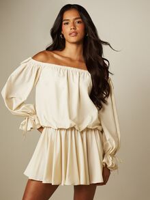 MISSGUIDED Off-Shoulder Bardot Mini Dress With Puff Long Sleeves Tie Cuff Elastic Waist Flared Skirt Summer Party - Apricot - View 1