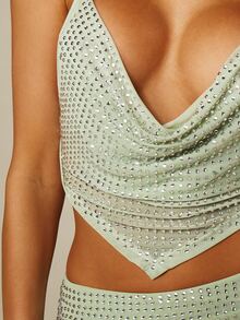 MISSGUIDED Rhinestone Embellished Cowl Neck Cami Crop Top With Spaghetti Straps And Open Back Party Night Out - Green - View 5