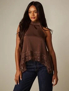 MISSGUIDED Halter Neck Satin Lace Trim Asymmetric Sleeveless Top With High Neck And Flowy Silhouette For Date Night - Brown - View 1