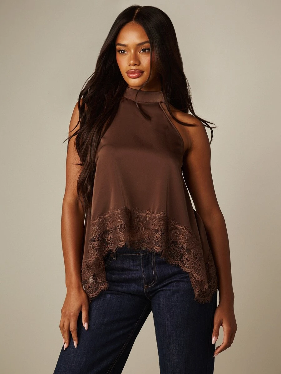 MISSGUIDED Halter Neck Satin Lace Trim Asymmetric Sleeveless Top With High Neck And Flowy Silhouette For Date Night - Brown - View 1