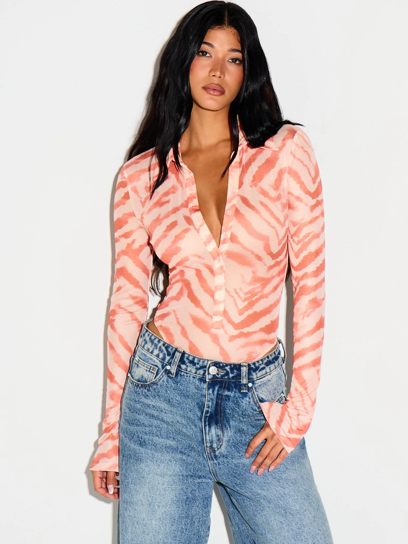 Tiger Print Mesh Bodysuit With Collared Neckline
