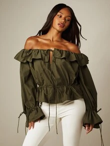 MISSGUIDED Blusa Bardot con volantes y hombros descubiertos, cintura con cordón, mangas abullonadas y puños con lazo, top de primavera y verano - Verde militar - Ver 4