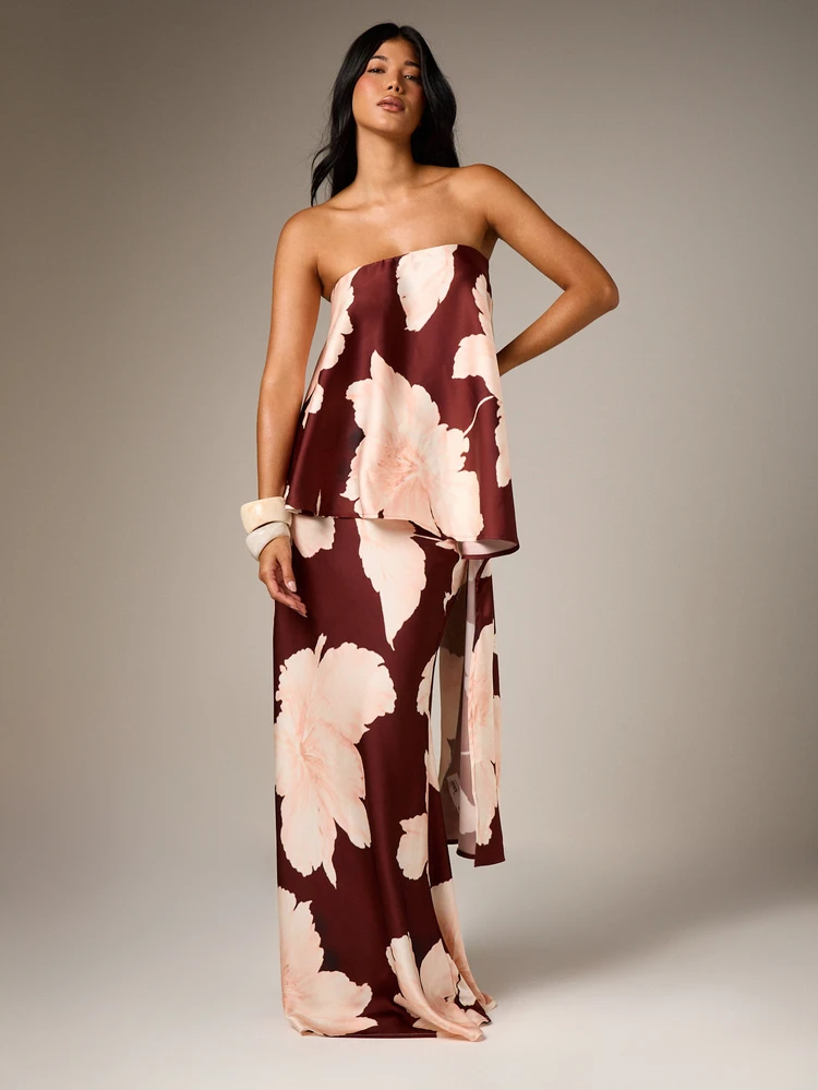 AiiRZ Floral Printed Satin Maxi Skirt With Large Petal Print Elegant Floor Length Bias Cut Slip Style