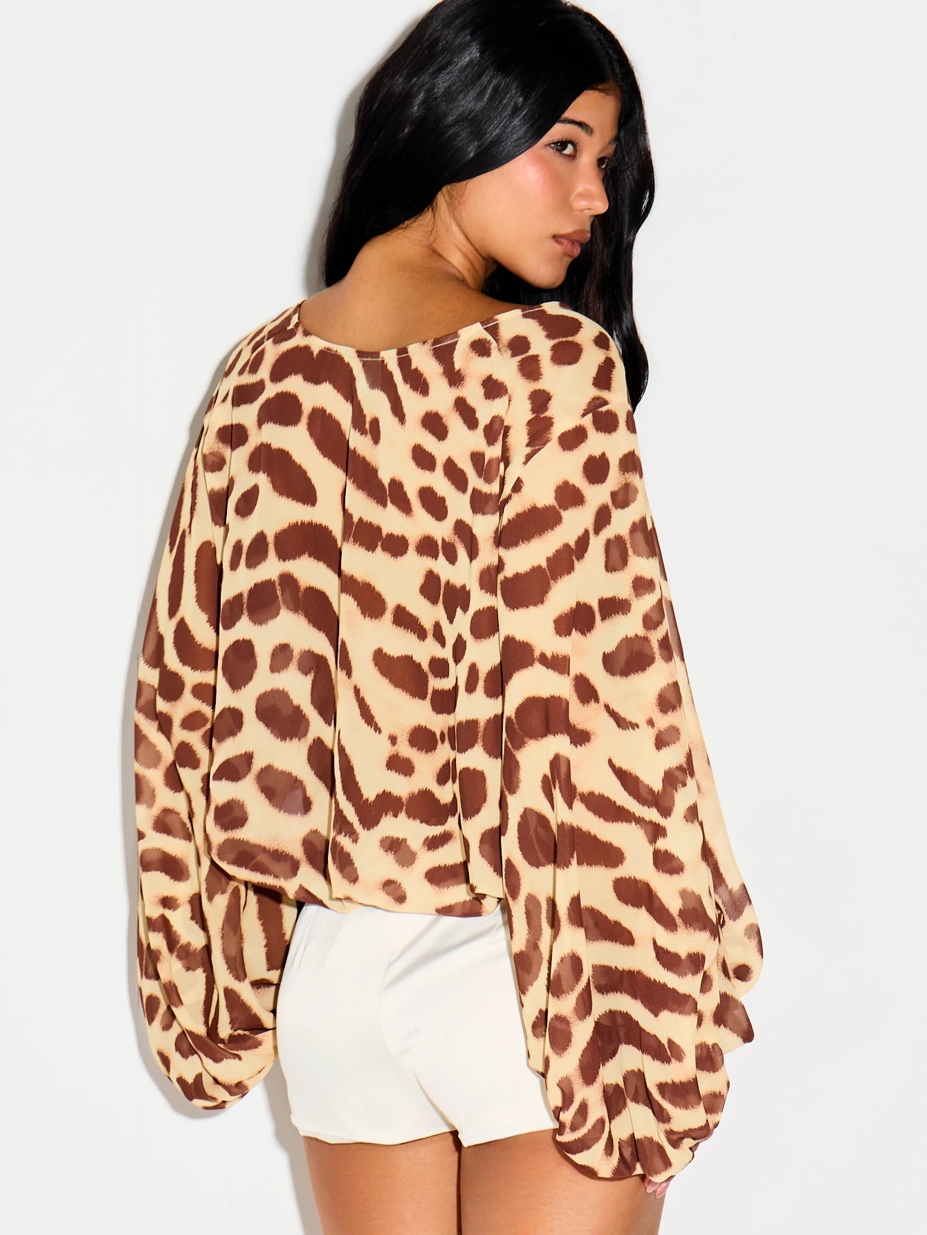 Animal Print Blouse With Lace-Up Neckline And Balloon Sleeves