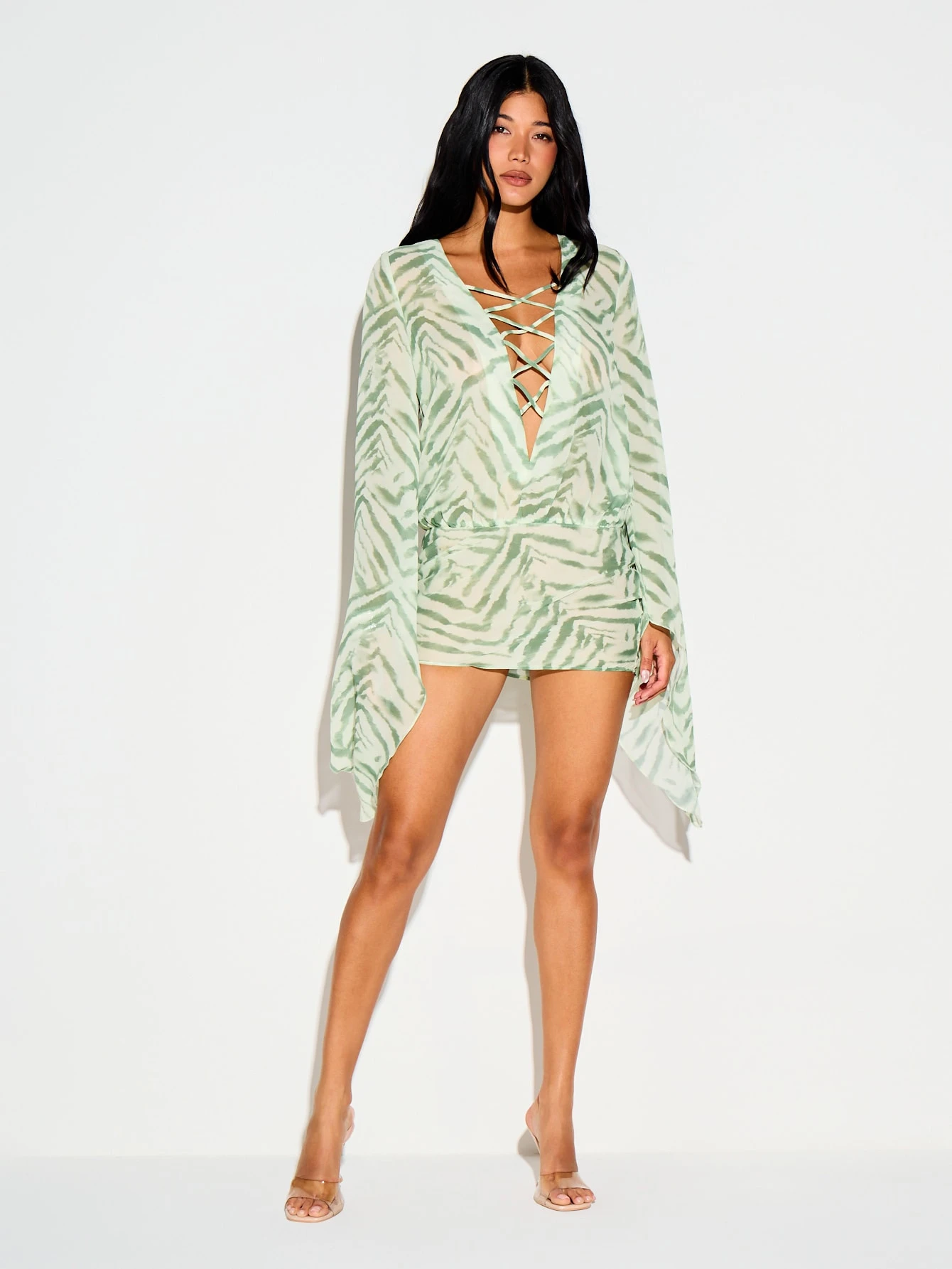 Animal Print Lace-Up Mini Dress With Cape Sleeves
