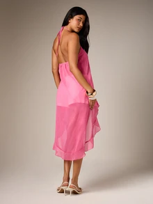 AiiRZ Halter Neck High-Low Chiffon Blouse With Ruffle Frill Hem Open Back Tie Detail Summer Party Top - Hot Pink - View 3