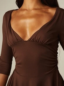 MISSGUIDED V-Neck Fit And Flare Mini Dress With 3/4 Sleeves Ruched Bodice Empire Waist Skater Style Party Date Night - Coffee Brown - View 5