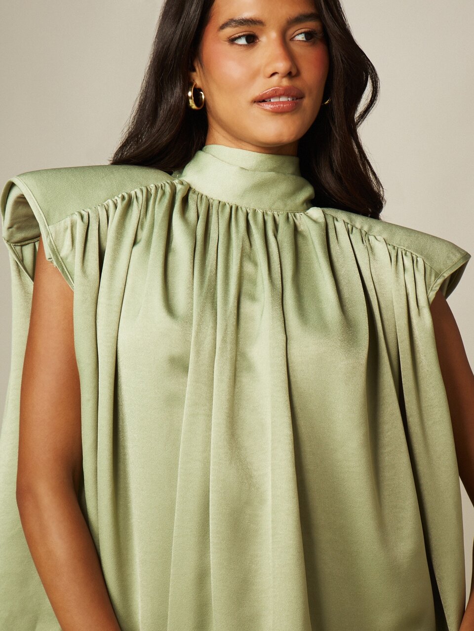 MISSGUIDED Sage Green High Neck Tie Back Blouse With Shoulder Pads Eyelash Lace Trim Gathered Detail Elegant Party Top