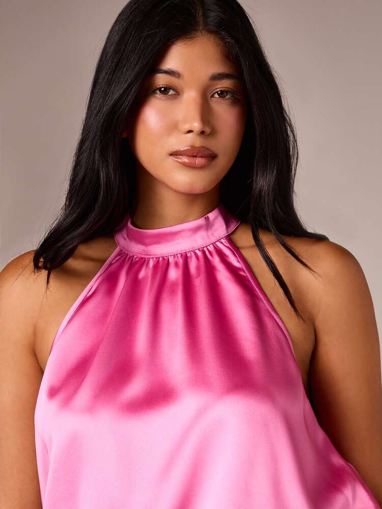 Satin Halter Neck Blouson Midaxi Dress
