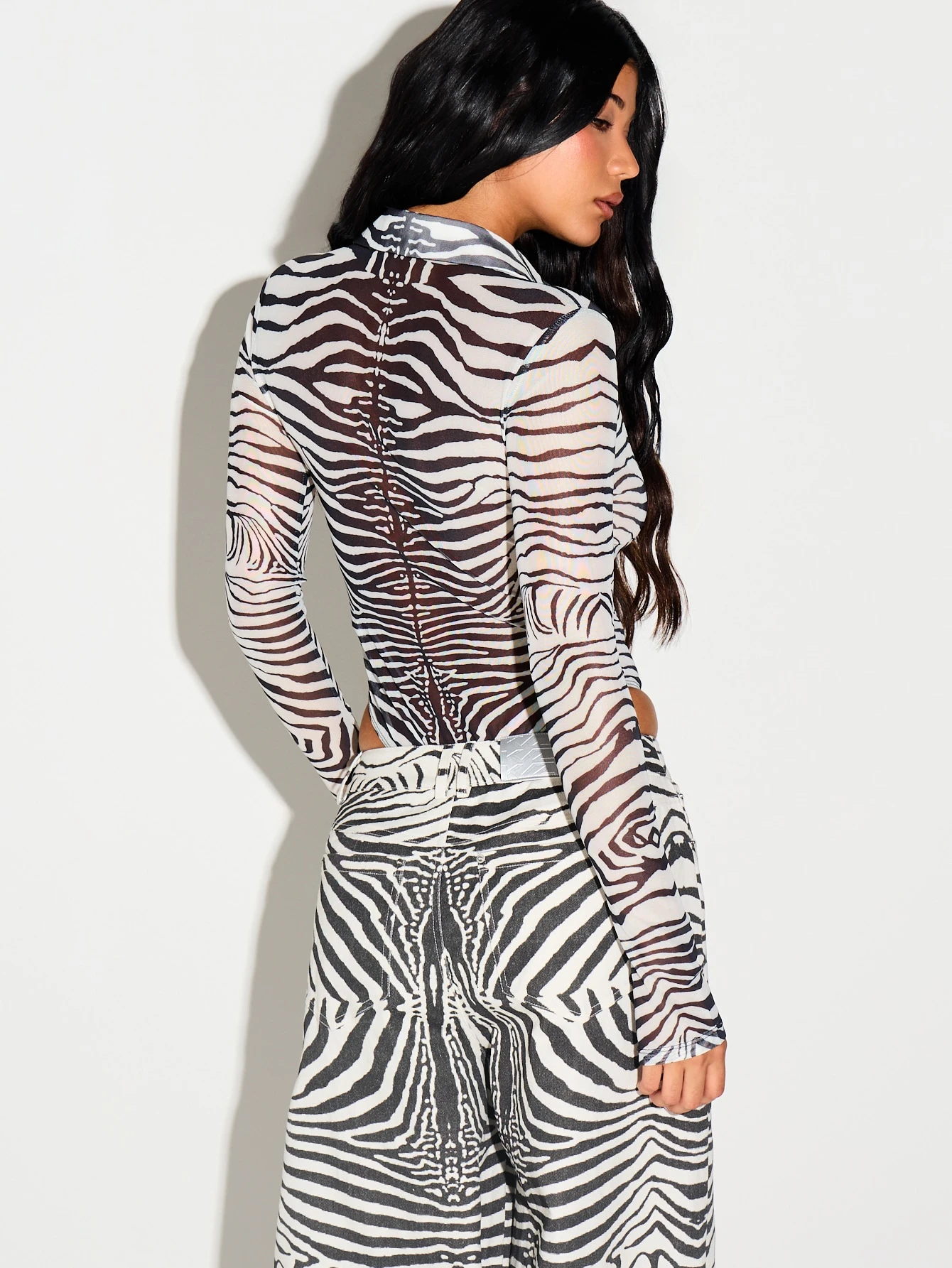 Zebra Print Mesh Polo Bodysuit With Long Sleeves