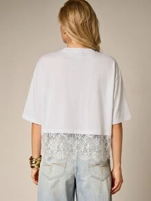 AiiRZ Oversized Crop T-Shirt With Floral Lace Trim Hem And Shoulder Pads Casual Chic Summer Top - White - View 3