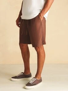 SUMWON Slim Pull-On Linen Shorts With Drawstring Waist, Relaxed Fit, Summer Casual Everyday Wear - Coffee Brown - View 4