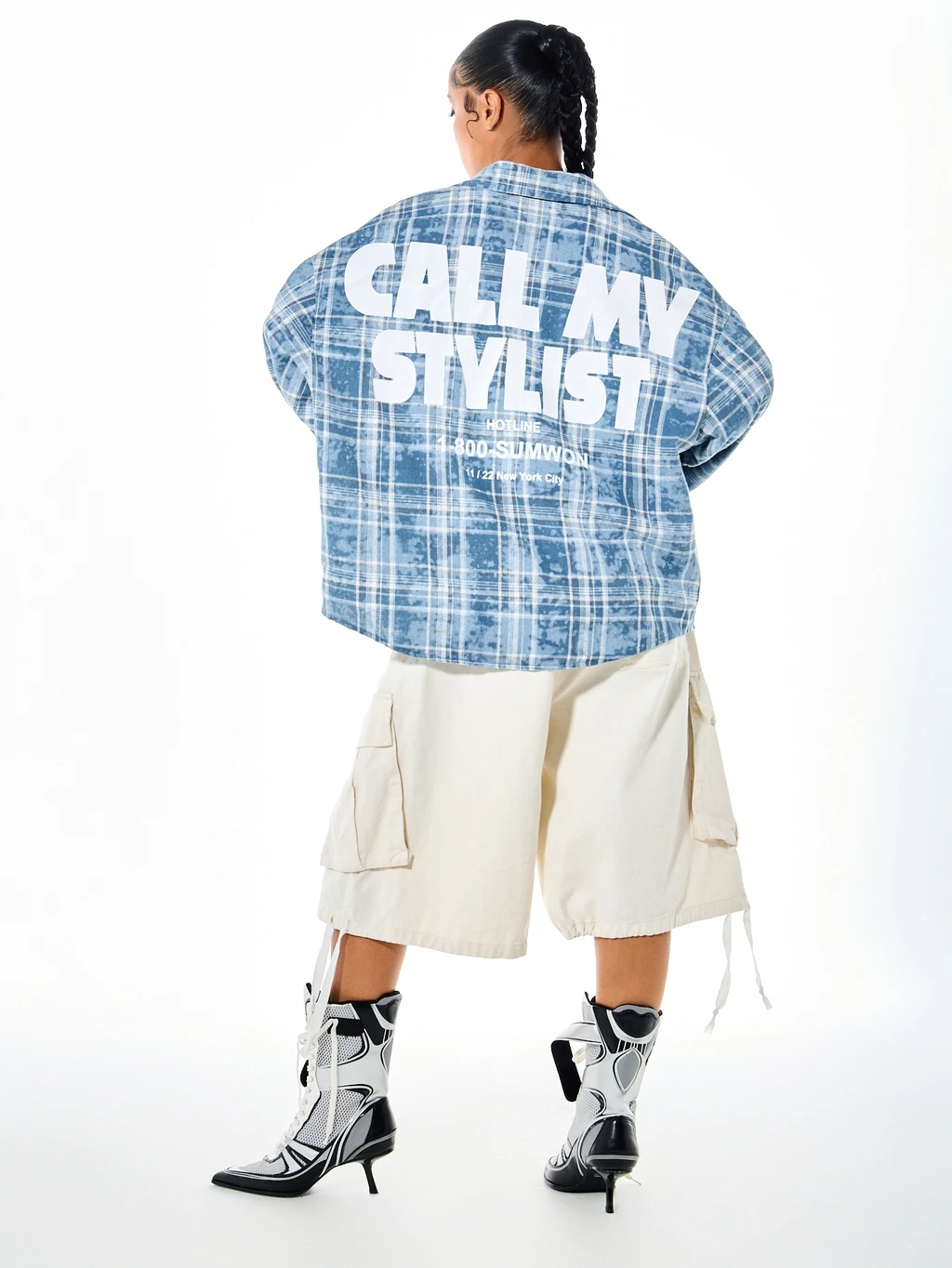 SUMWON WOMEN Oversized Plaid Flannel Button-Down Shirt With Graphic Back Print Long Sleeve Casual Layering Top