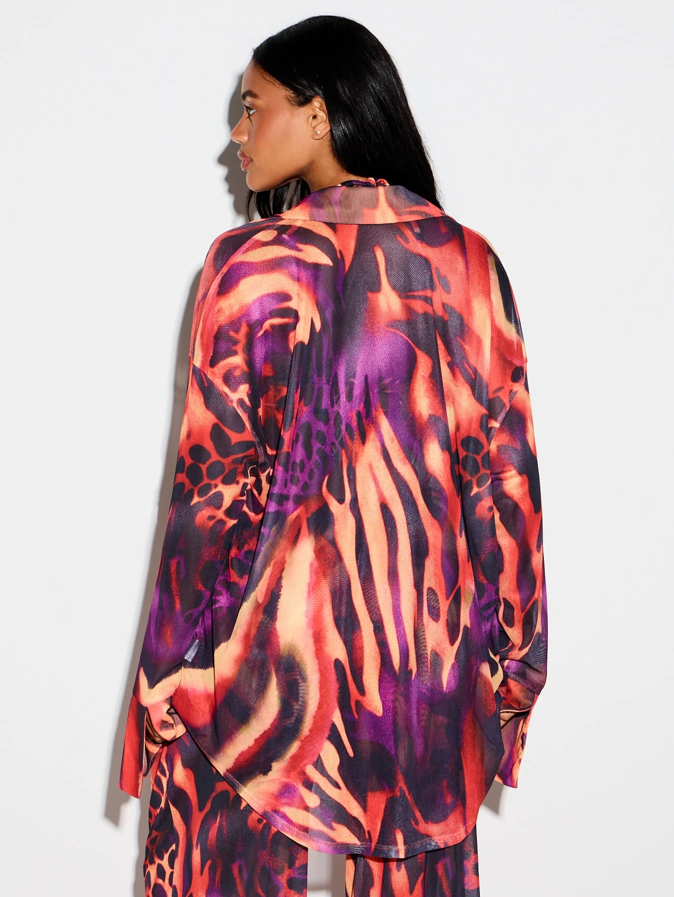 Abstract Animal Print Mesh Shirt With Bell Sleeves
