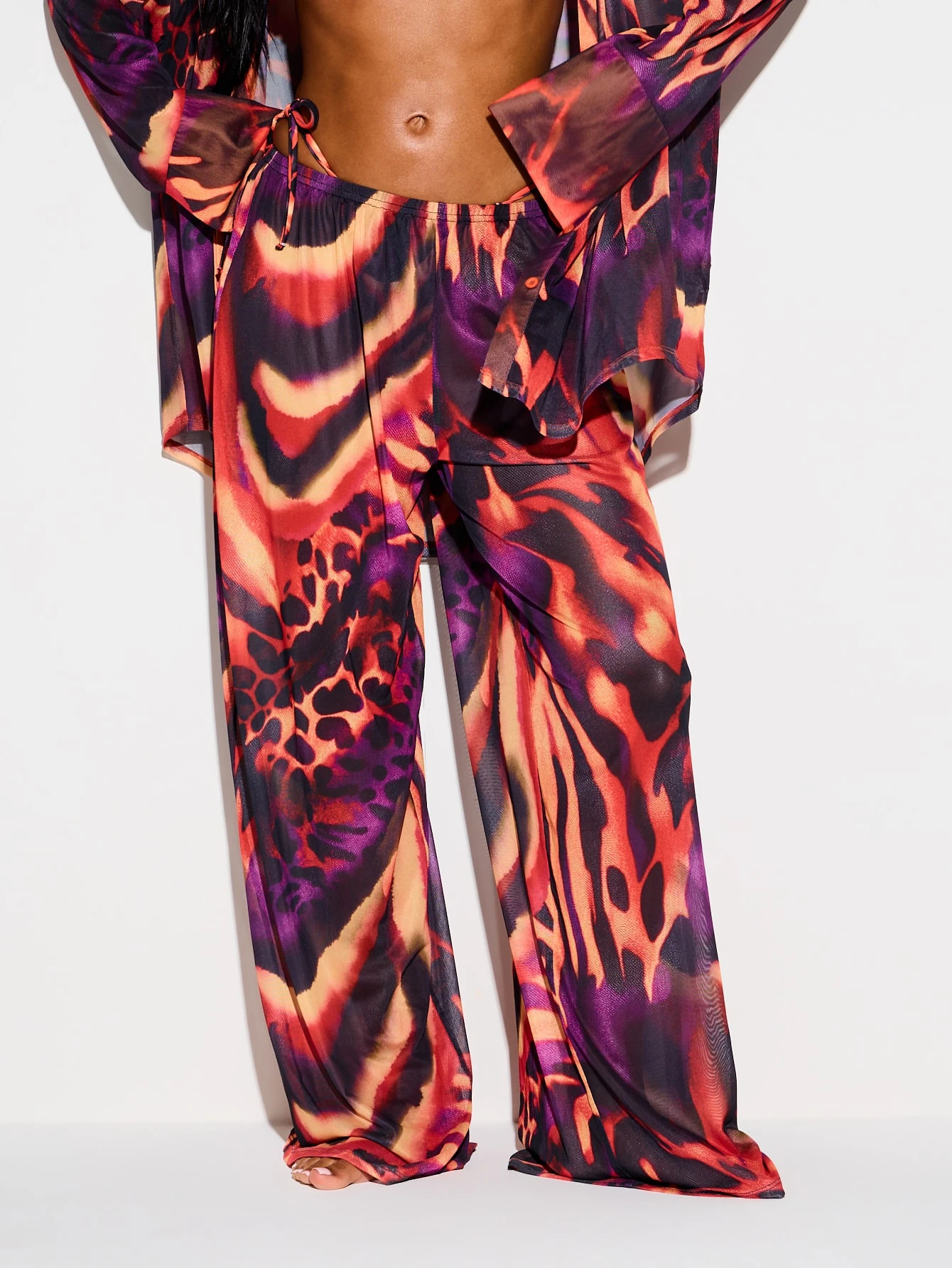 Wide Leg Mesh Pants With Abstract Animal Print