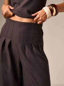 AiiRZ Pantalones Palazzo de Cintura Ceñida, Pierna Ancha, Plisados, Talle Alto, Elegantes, Fluidez, Largo Completo - Marrón - Ver 4