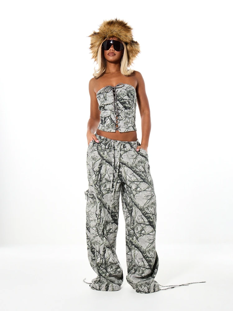 Plus Size Wide Leg Cargo Pants With Tree Camouflage Print Drawstring Waist And Ankle Tie Detail