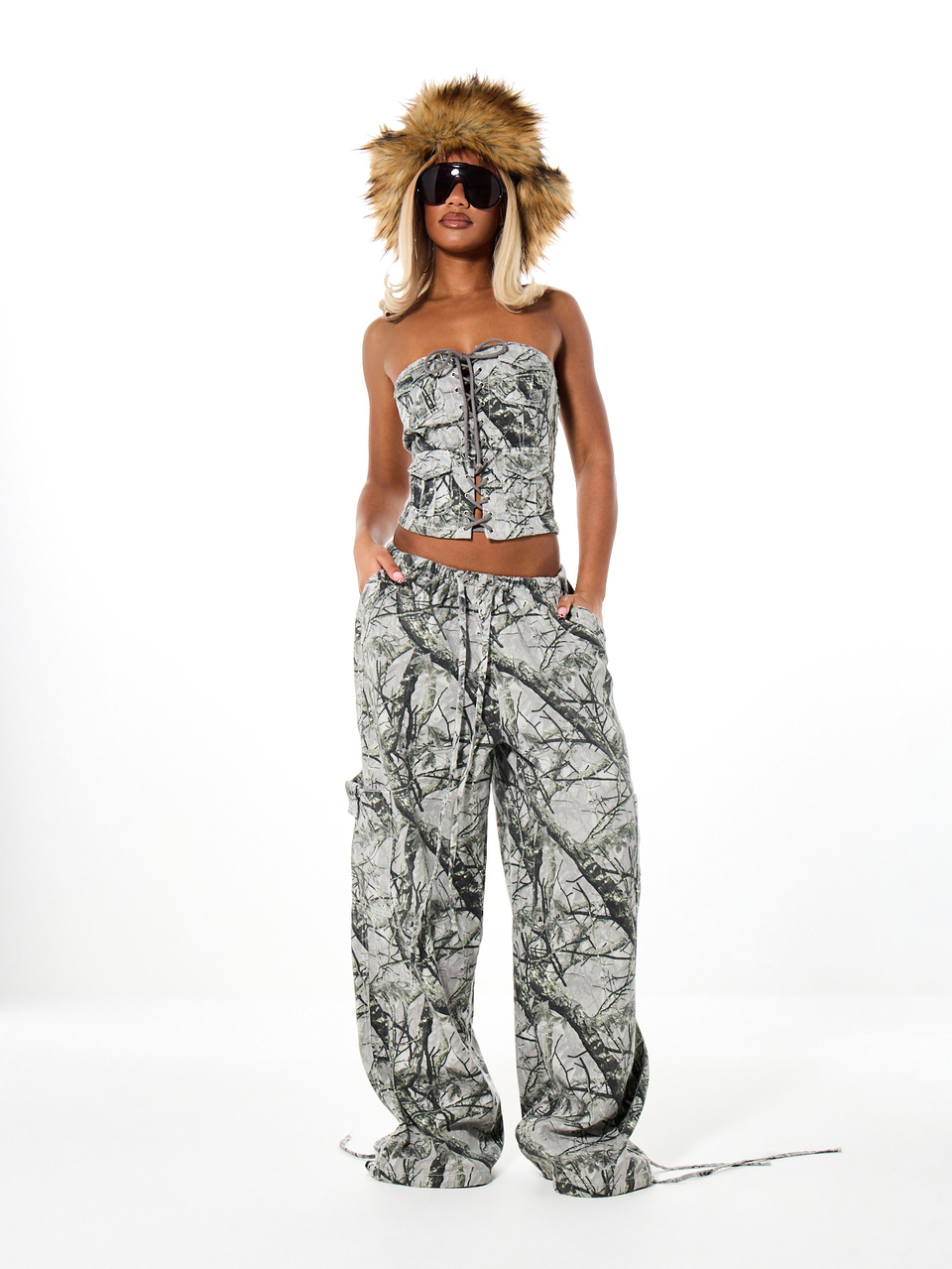 Plus Size Wide Leg Cargo Pants With Tree Camouflage Print Drawstring Waist And Ankle Tie Detail