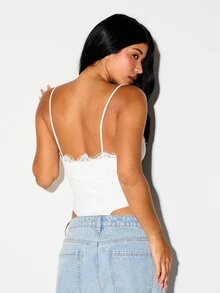 KIZN Lace Mix Strappy Bodysuit With Cut-Out Detail And Scalloped Trim For Spring Summer Nights Out - White - View 2