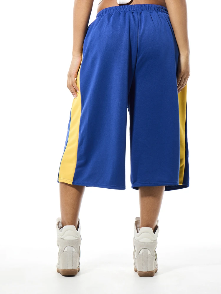 Plus Size Wide Leg Bermuda Shorts With Side Stripe Color Block Detail And Varsity Number Print