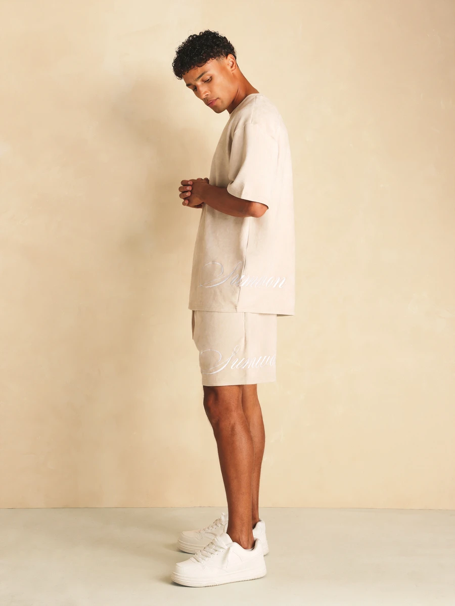SUMWON Oversized Crew Neck T-Shirt And Shorts Co-Ord Set With Script Embroidery Detail Summer Casual Two-Piece Outfit - Camel - View 1