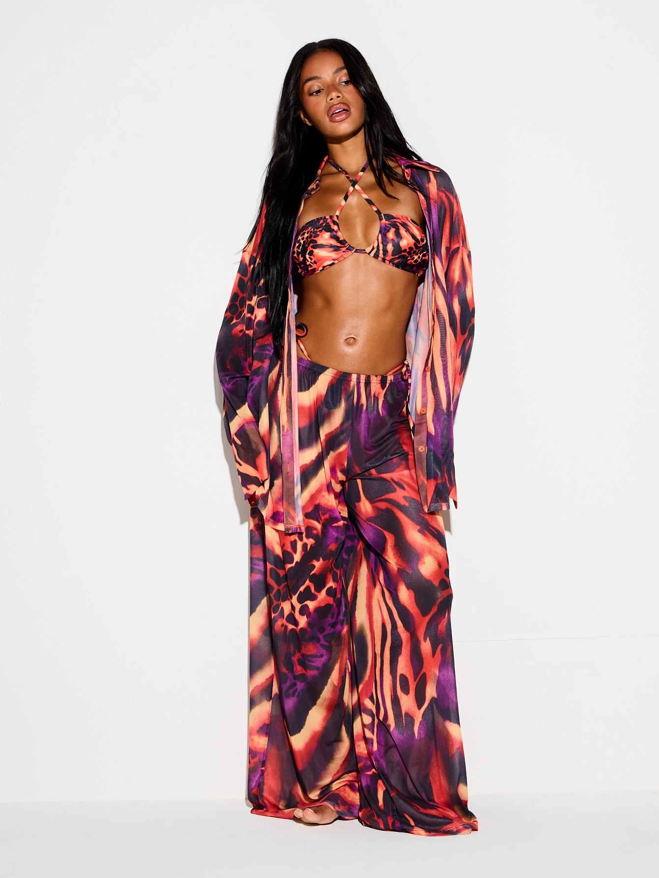 Abstract Animal Print Mesh Shirt With Bell Sleeves