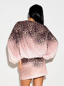 KIZN Ombre Leopard Print Satin Blouse With Deep Plunge V-Neck Lace-Up Front And Billowing Batwing Long Sleeves - Multicolor - View 2