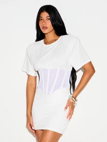 KIZN Mesh Corset T-Shirt Mini Dress With Lace-Up Back Detail And Boning Panel Bodycon Summer Party Going Out Club White Sexy - Black - View 1