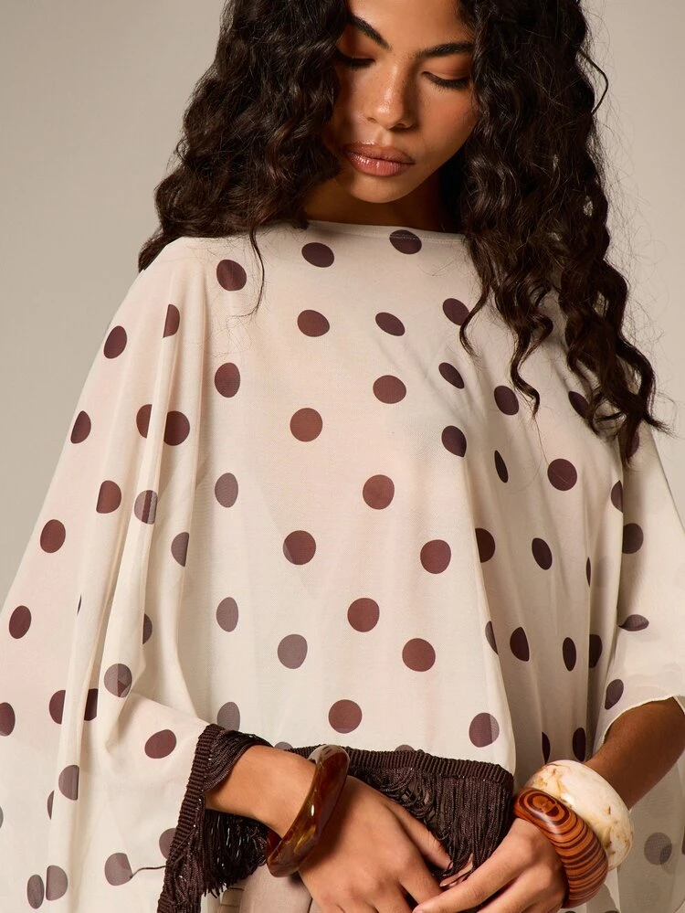 Polka Dot Cape Top With Fringe Hem