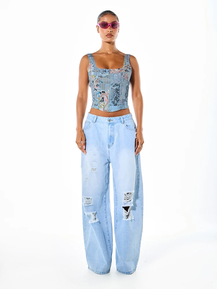 SUMWON WOMEN Patchwork Floral Dragon Print Denim Corset Top With Square Neck Zip Front Closure And Boning Detail