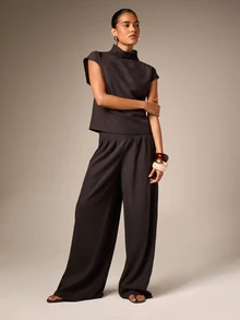 AiiRZ Pantalones Palazzo de Cintura Ceñida, Pierna Ancha, Plisados, Talle Alto, Elegantes, Fluidez, Largo Completo - Marrón - Ver 5