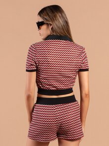 Rouah Women Knitted Red And Blue Crochet Cropped Polo And Short Two-Piece Outfit - Summer Set, Two Piece Set For Summer, 2 Piece Outfit For Summer, Design Polo, Design Short - Red - View 2