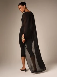 AiiRZ Sheer Maxi Cape Overlay Top With Crew Neck Long Split Sleeves And Dramatic Floor Length Panels For Evening Party - Black - View 3