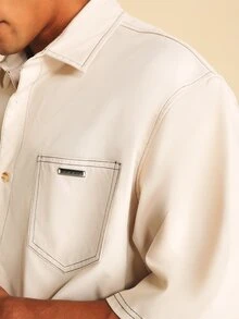 SUMWON Boxy Fit Short Sleeve Twill Shirt With Contrast Stitching Chest Pocket Button-Up Collared Summer Casual Top - Apricot - View 5