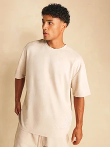 SUMWON Oversized Crew Neck T-Shirt And Shorts Co-Ord Set With Script Embroidery Detail Summer Casual Two-Piece Outfit - Camel - View 3
