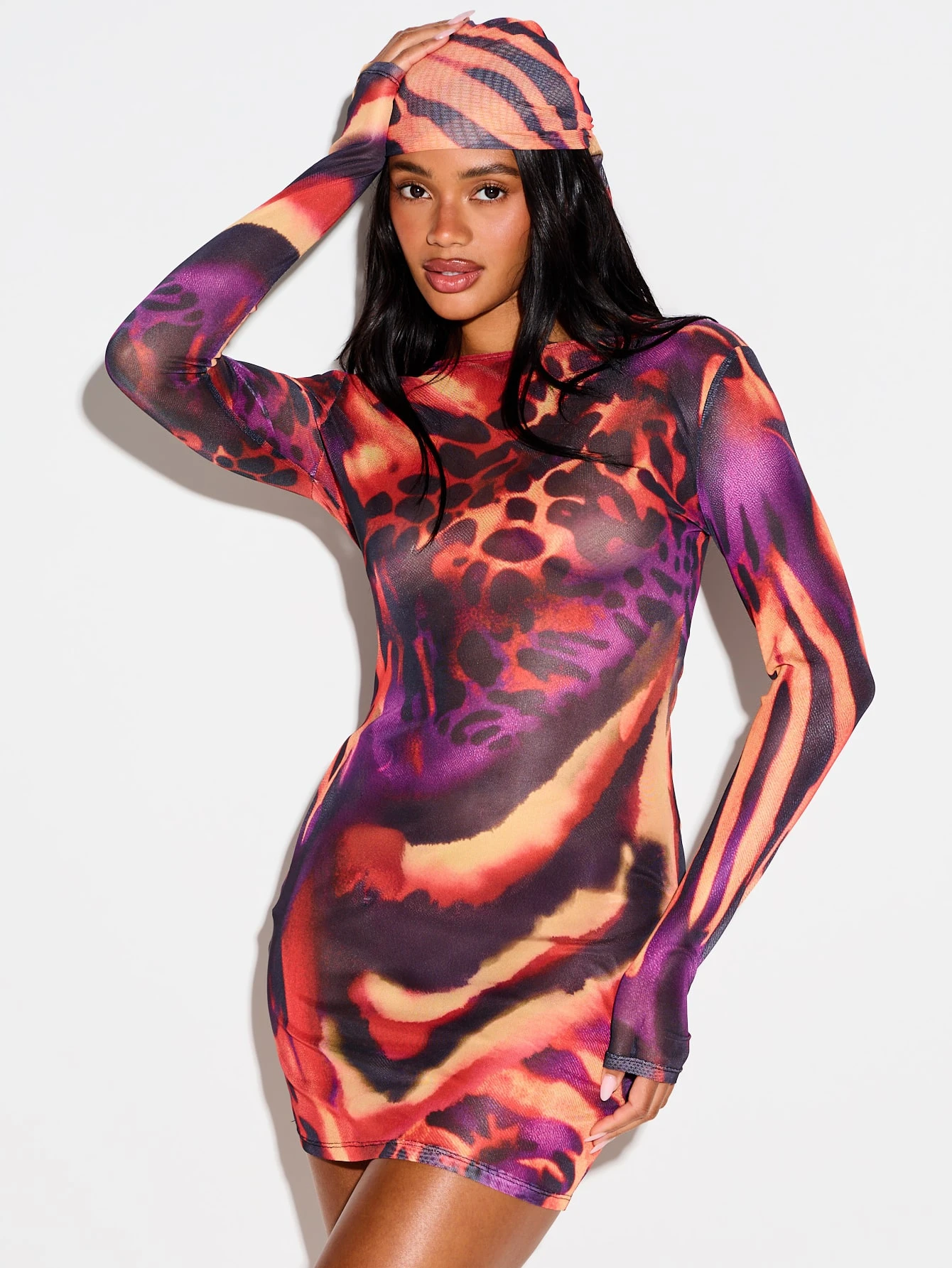 Animal Print Mesh Mini Dress With Long Sleeves