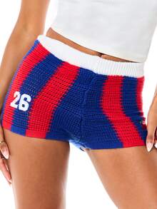 SUMWON WOMEN Crochet Knit Varsity Booty Shorts With Chile Text Print And Number 26 Detail - Multicolor - View 2
