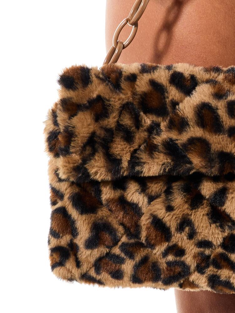 SUMWON WOMEN Faux Fur Leopard Print Flap Handbag With Chain Strap Fluffy Plush Shoulder Bag Party Evening Purse