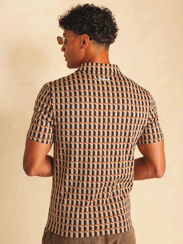 Jacquard Knit Polo Shirt With Retro Geometric AOP Collared Neck Short Sleeve Summer Top