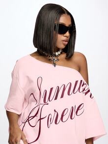 SUMWON WOMEN Off Shoulder Oversized Sweater Mini Dress With Cursive Summer Forever Script Front Print - Pink - View 3