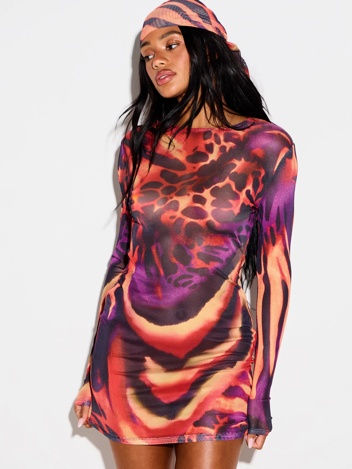 Animal Print Mesh Mini Dress With Long Sleeves